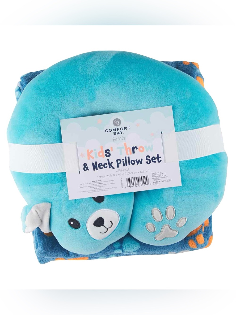 Comfort Bay Kid’s Throw & Neck Pillow Set Blue Puppy Dog & Paw Prints *NEW*